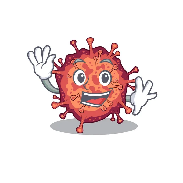 微笑传染性日冕病毒漫画吉祥物设计与挥手 矢量说明 — 图库矢量图片