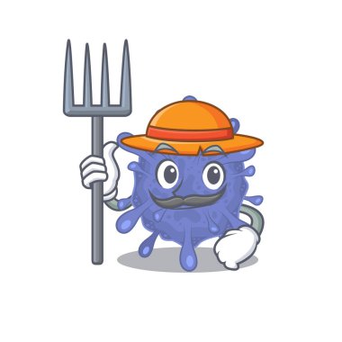 Çiftçi çizgi filminde şapkası ve yabası olan biyolojik tehlike virüsü. Vektör illüstrasyonu