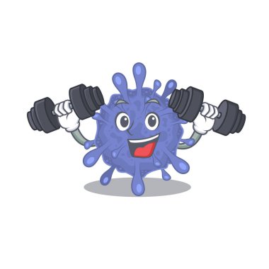 Smiley Fitness egzersiz biyolojik tehlike virüsü çizgi film karakteri halter kaldırıyor. Vektör illüstrasyonu