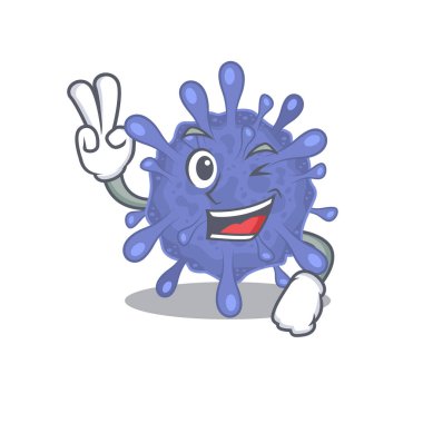 İki parmaklı neşeli biyolojik tehlike virüslü maskot tasarımı. Vektör illüstrasyonu