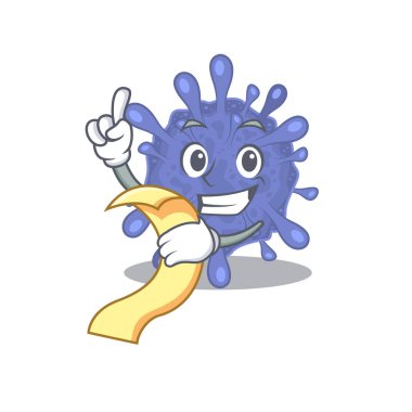 cartoon character of biohazard viruscorona holding menu ready to serve