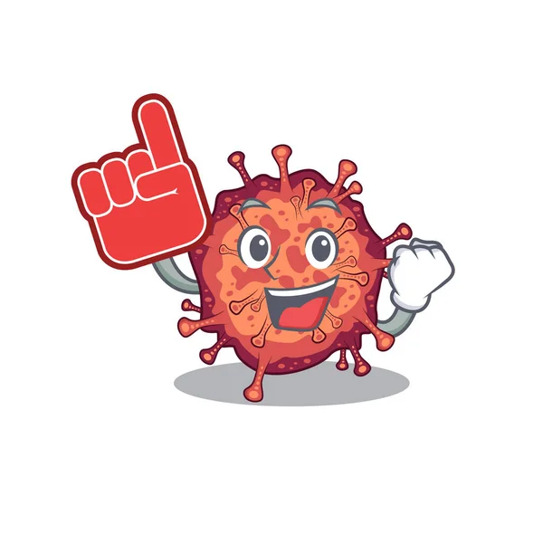 带有泡沫手指的传染性日冕病毒吉祥物卡通风格 矢量说明 — 图库矢量图片
