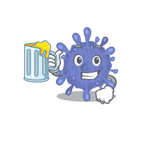 Cheerful biohazard viruscorona mascot design with a glass of beer — Stock Vector