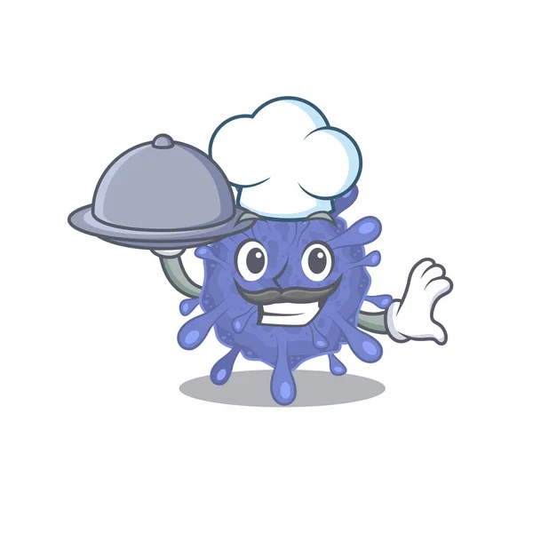 Biohazard viruscorona como un personaje de dibujos animados chef con comida en bandeja — Vector de stock