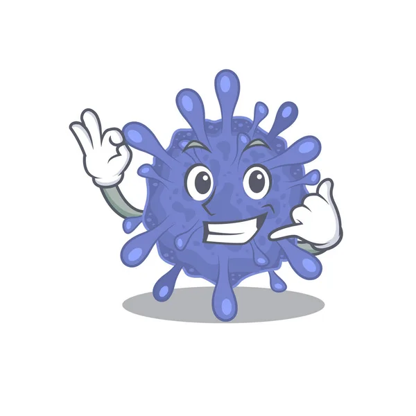 Biohazard viruscorona mascotte disegno del fumetto mostrando Chiamatemi gesto — Vettoriale Stock
