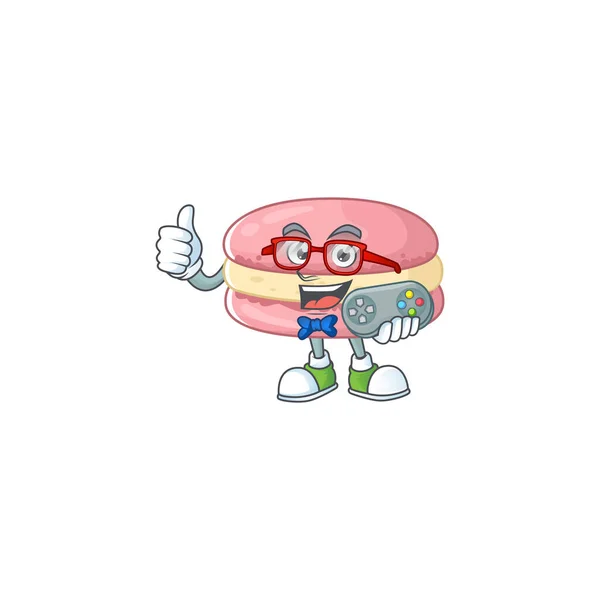 Ταλαντούχος σχεδιασμός μασκότ Macarons φράουλα gamer χρησιμοποιώντας το χειριστήριο — Διανυσματικό Αρχείο