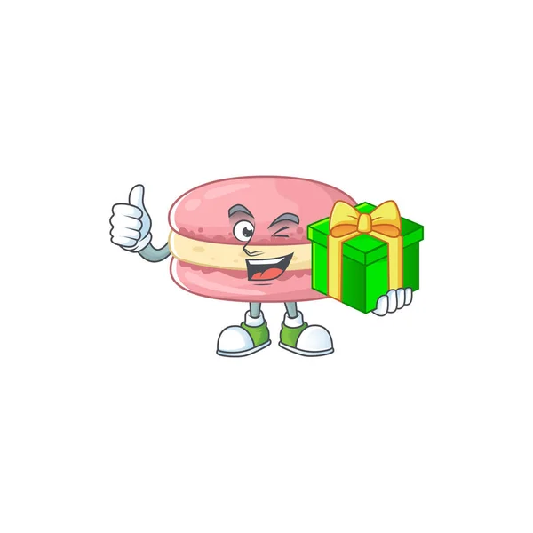 Fröhliche Erdbeer Macarons Cartoon-Figur hält eine Geschenkbox — Stockvektor