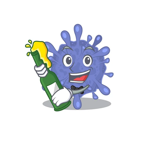Biohazard viruscorona con botella de cerveza mascota estilo de dibujos animados — Vector de stock