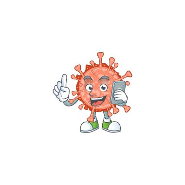 Tatlı bir bulbul coronavirus çizgi film tasarımı telefonda konuşuyor.