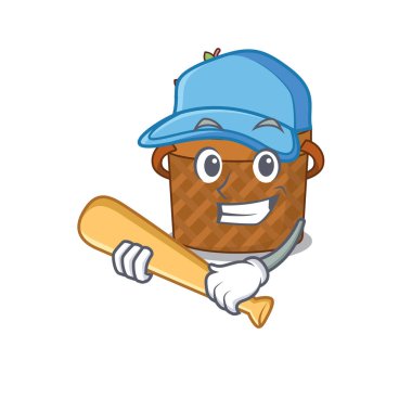 Elma sepetinin maskot stili ve beysbol sopası. Vektör illüstrasyonu