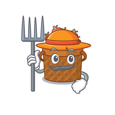 Çiftçi çizgi filminde şapkası ve yabası olan Apple Basket karakteri. Vektör illüstrasyonu