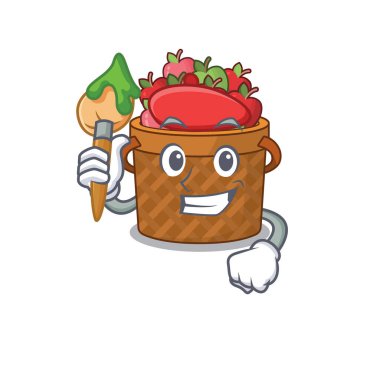 Fırçalı yetenekli elma sepeti sanatçısı çizgi film karakteri. Vektör illüstrasyonu