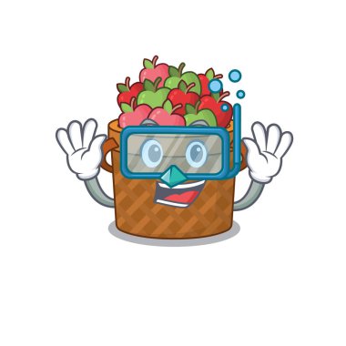 Elma sepetinin dalış gözlüğü taktığı bir çizgi film. Vektör illüstrasyonu