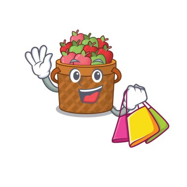 Mutlu zengin elma sepeti maskotu tasarımı el sallıyor ve alışveriş torbası tutuyor. Vektör illüstrasyonu