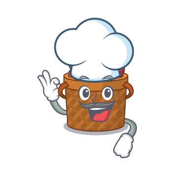 Beyaz şef şapkası takan sevimli elma sepeti çizgi film karakteri. Vektör illüstrasyonu