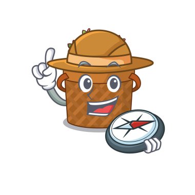 Elma sepeti, pusulası olan deneyimli bir kâşif. Vektör illüstrasyonu