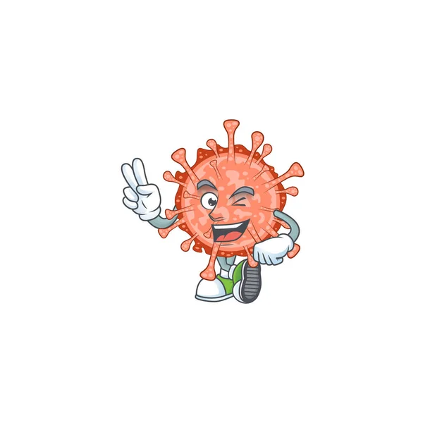 Un gioioso bulbul coronavirus disegno della mascotte mostrando le sue due dita — Vettoriale Stock
