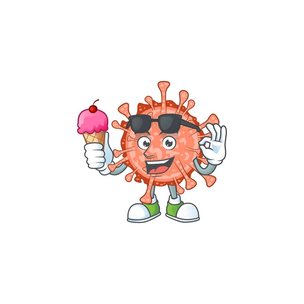 Personagem cartoon de bulbul coronavirus desfrutando de um sorvete —  Vetores de Stock