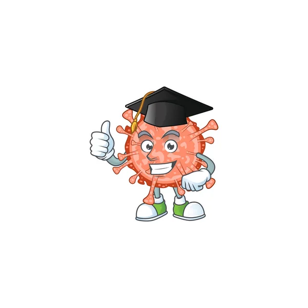 Cara feliz de bulbul coronavirus en sombrero de graduación negro para la ceremonia — Vector de stock
