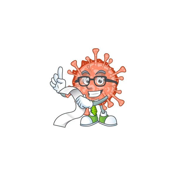 Personaje de dibujos animados de bulbul coronavirus celebración de menú en su mano — Vector de stock