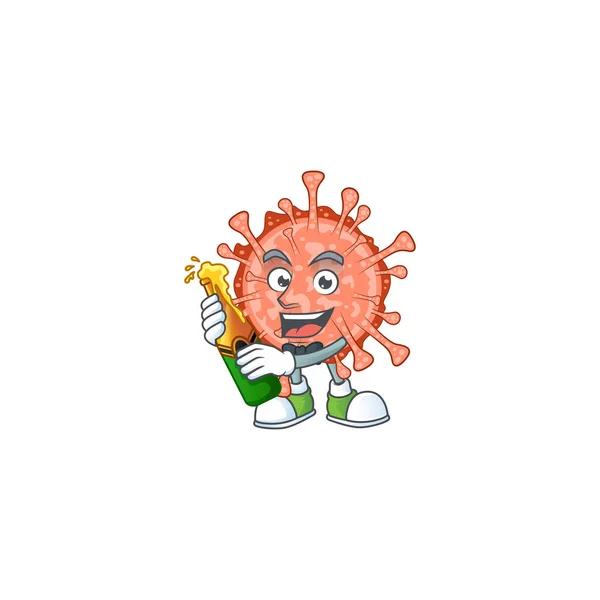 Mascot cartoon design of bulbul coronavirus with bottle of beer — Stock Vector