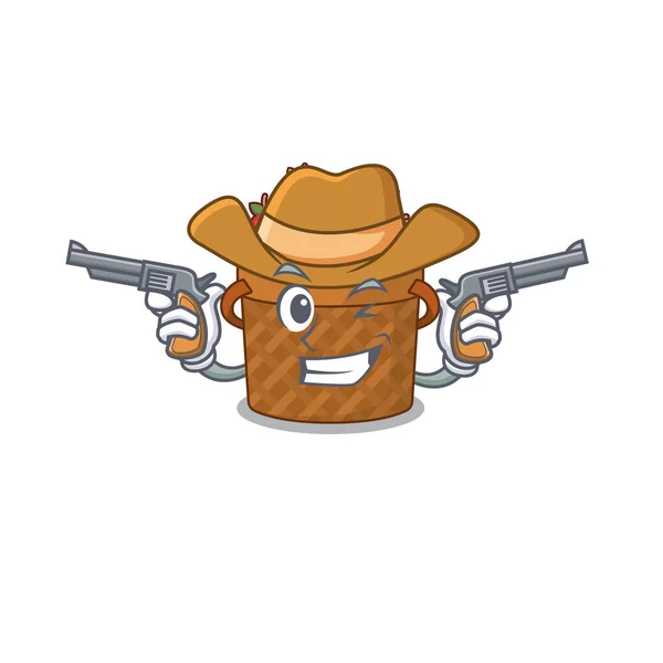 Funny Apple Basket Cowboy Cartoon Character Holding Guns Illustration Vectorielle — Image vectorielle
