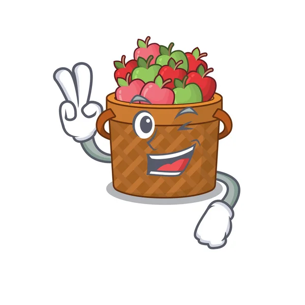 Basket Pommes Joyeux Design Mascotte Avec Deux Doigts Illustration Vectorielle — Image vectorielle