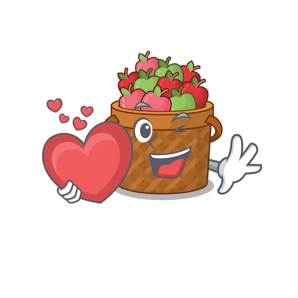 Romantic Cartoon Design Apple Basket Holding Heart Vector Illustration — Stock Vector