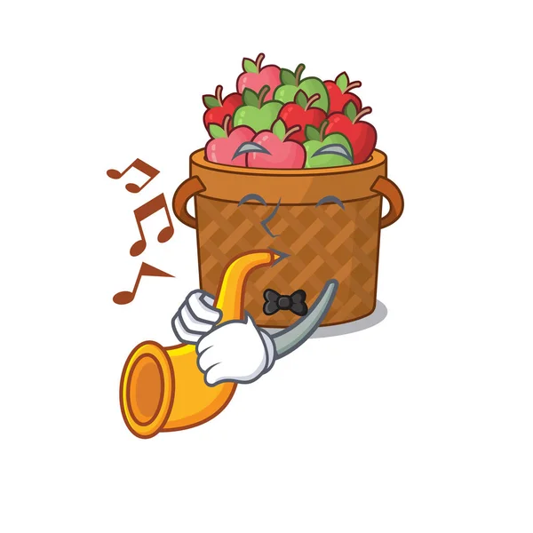 Apple Basket Cartoon Character Design Playing Trumpet Vector Illustration — Stock Vector