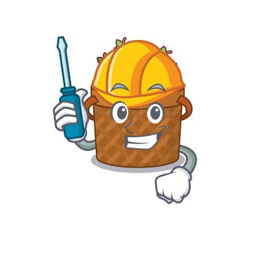 Çizgi film karakteri tasarımıyla sunulan akıllı otomobil elma sepeti. Vektör illüstrasyonu