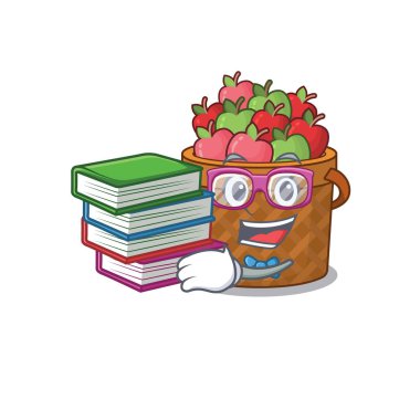 Elma sepeti maskotu tasarımlı çalışkan bir öğrenci. Vektör illüstrasyonu