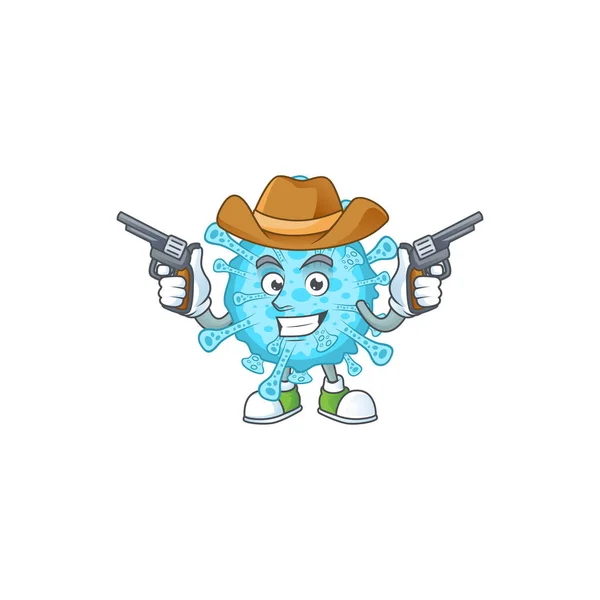 총을 들고 있는 열 코로나 바이러스의 멋진 카우보이 만화 디자인 — 스톡 벡터