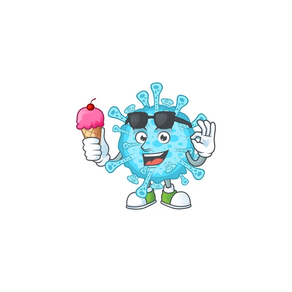Personaggio dei cartoni animati di febbre coronavirus godendo di un gelato — Vettoriale Stock