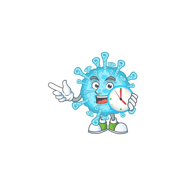 Style de personnage de dessin animé de coronavirus fièvre gaie avec horloge — Image vectorielle
