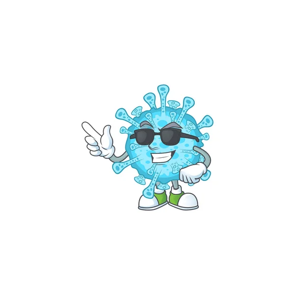 귀여운 열 코로나 바이러스 (coronavirus) 만화 캐릭터 디자인 스타일검은 안경 — 스톡 벡터