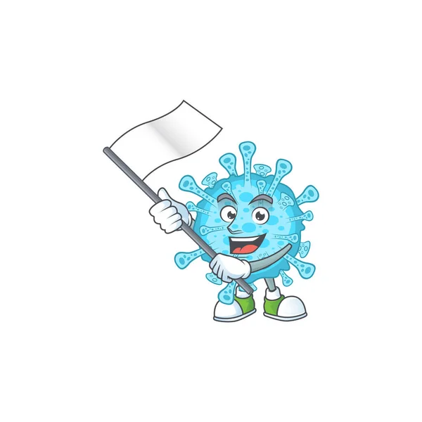 Una febbre patriottica coronavirus mascotte personaggio disegno tenendo in piedi bandiera — Vettoriale Stock