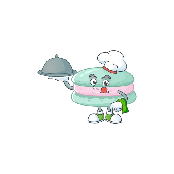 Personaje de dibujos animados chef de macarrones azul vainilla con comida en bandeja — Vector de stock