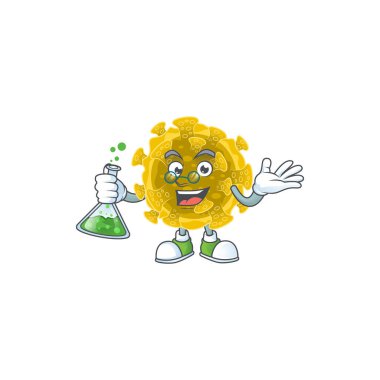 Bulaşıcı koronavirüs, zeki profesör çizgi film dizaynı cam tüpü kavrıyor.