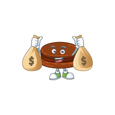 Mutlu çikolata alfajor maskot tasarımı para çantaları taşıyor. Vektör illüstrasyonu