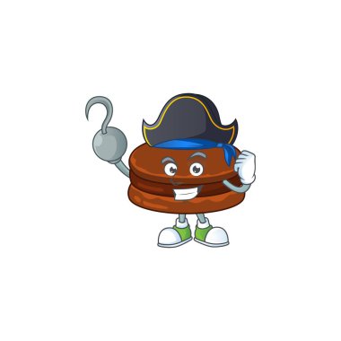 Bir el Korsan çizgi film tasarımı tarzı çikolata alfajor şapka takıyor. Vektör illüstrasyonu