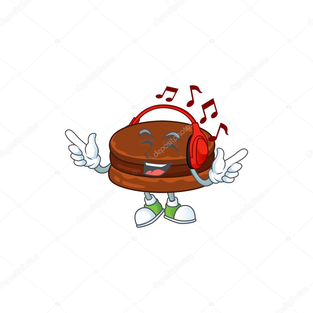 cartoon mascot design of chocolate alfajor enjoying music. Vector illustration