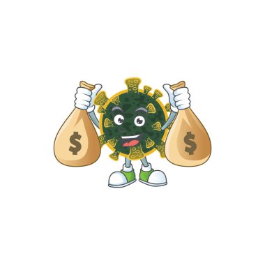 Mutlu zengin yeni Coronavirus maskotu tasarımı para çantaları taşıyor. Vektör illüstrasyonu