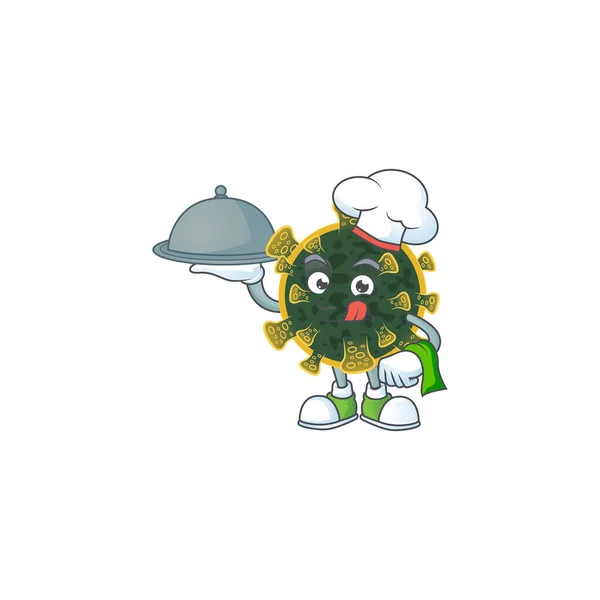 Personagem de desenho animado chef de novo coronavírus com comida na bandeja — Vetor de Stock