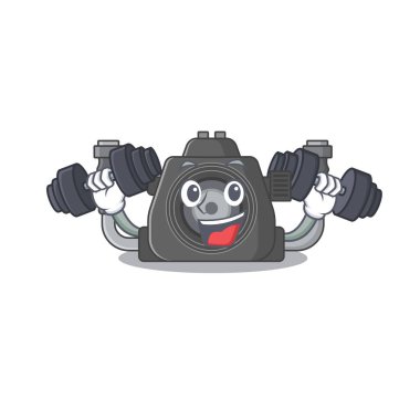 Smiley Fitness egzersiz sualtı kamera çizgi film karakteri halter kaldırıyor. Vektör illüstrasyonu