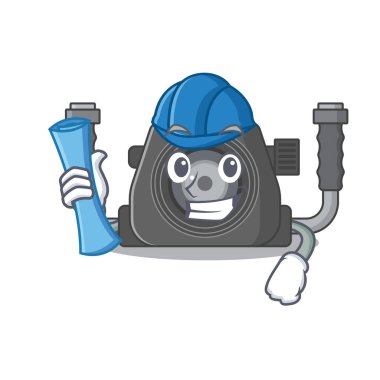 Mavi baskılı ve mavi kasklı gülümseyen bir sualtı kamerası mimarı. Vektör illüstrasyonu