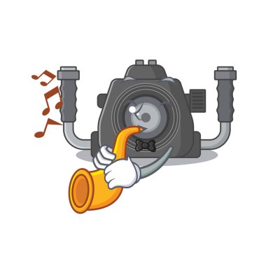 Sualtı kamerası çizgi film karakteri tasarımı trompet çalıyor.