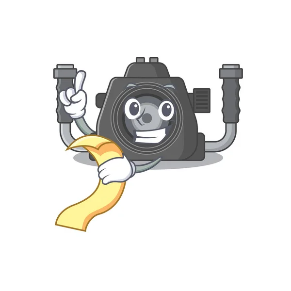 Χαρακτήρα κινουμένων σχεδίων υποβρύχια κάμερα κρατώντας μενού έτοιμο να εξυπηρετήσει — Διανυσματικό Αρχείο