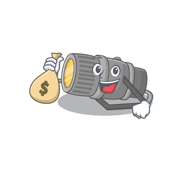 Smiley rica lanterna subaquática personagem cartoon trazer sacos de dinheiro — Vetor de Stock