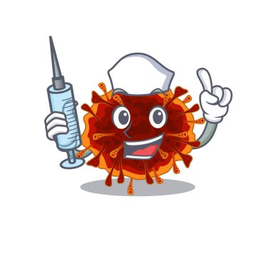 Delta Coronavirus maskot tasarımının dost canlısı hemşiresi elinde şırınga tutuyor.