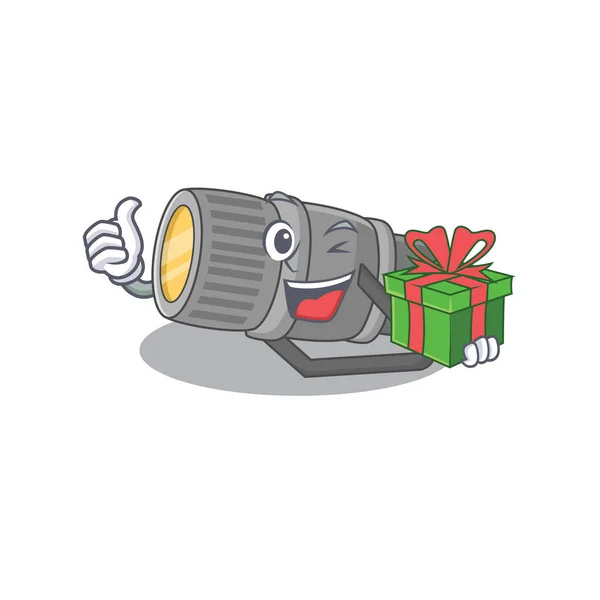 Smiley personaje de dibujos animados bajo el agua linterna que tiene una caja de regalo — Vector de stock